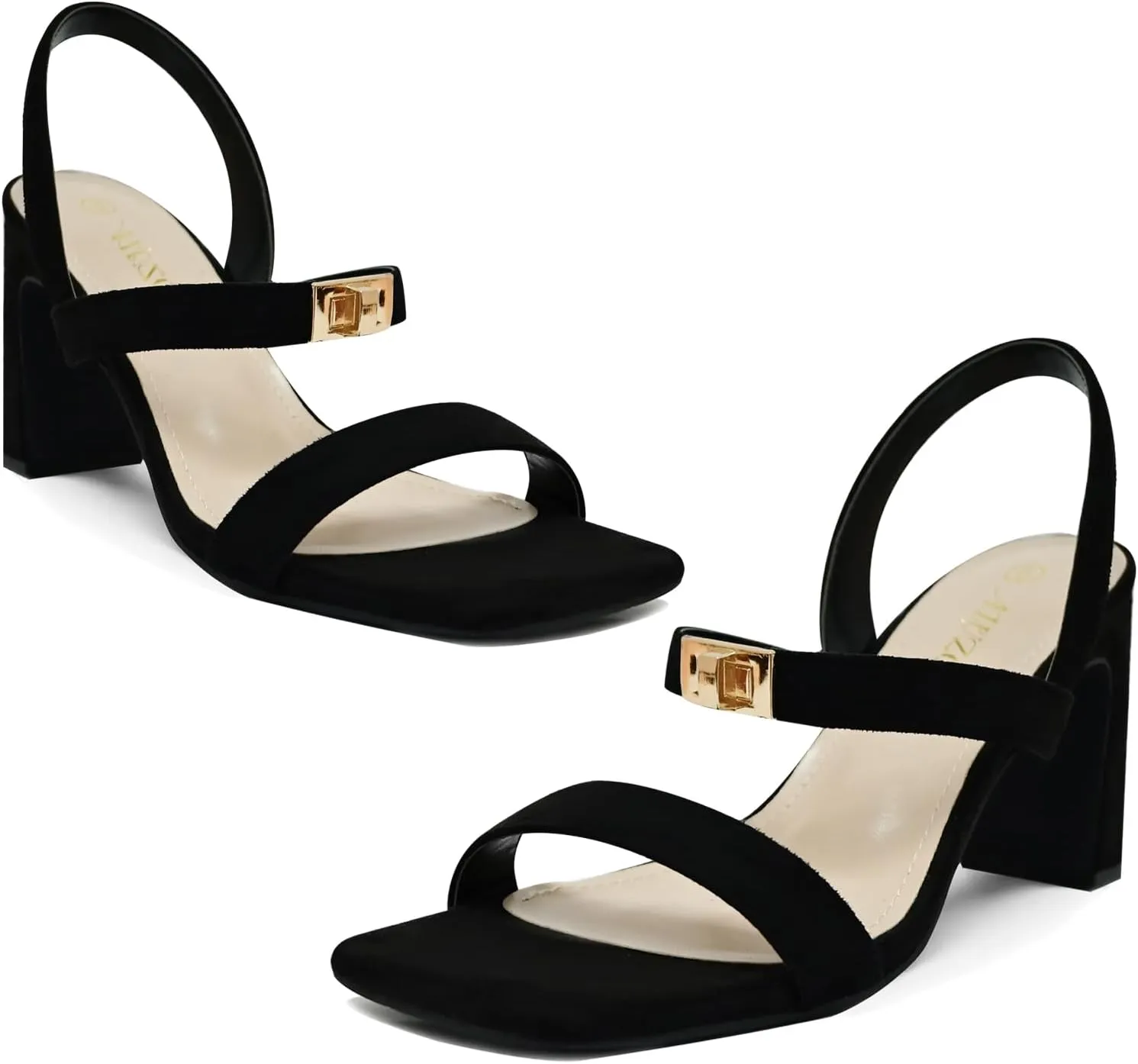 3IN Chunky Heels For Women Block Square Open Toe Heeled Sandals Metallic Buckle Pumps with Backless Strap