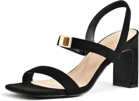 3IN Chunky Heels For Women Block Square Open Toe Heeled Sandals Metallic Buckle Pumps with Backless Strap