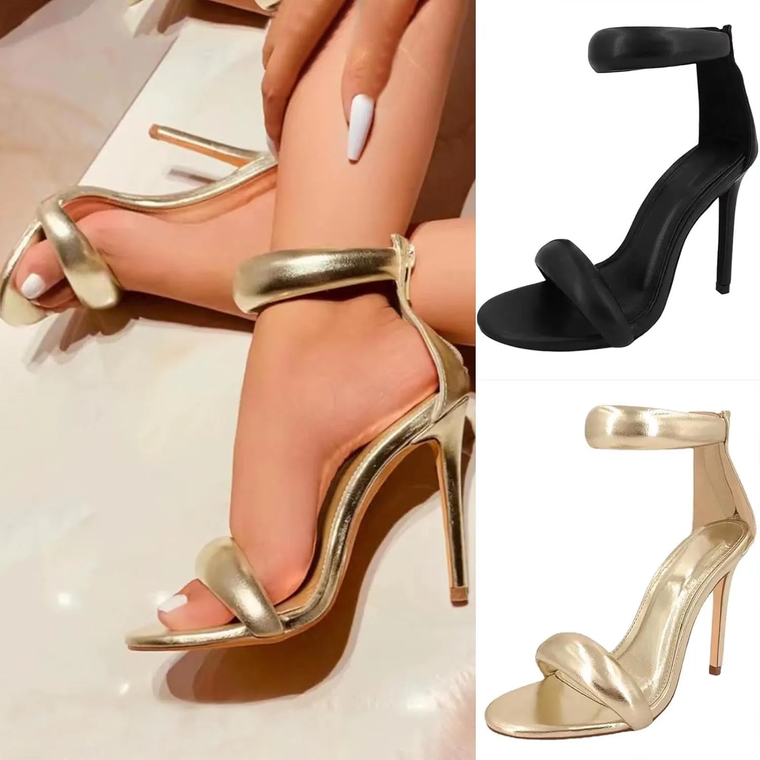 Gold High Heels for Women Sexy Back Zipper Sandals Round Ankle Strappy Stiletto Open Toe Heel Sandals with Wedding