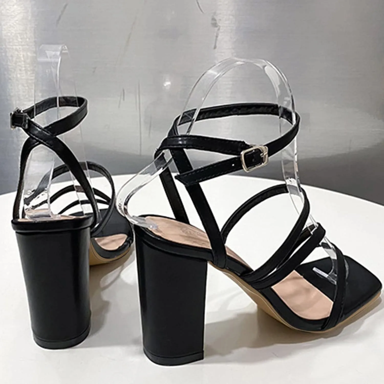 Strappy Heels for Women Open Toe Heel Sandals Chunky Ankle Buckle Stiletto Pumps Heeled Sandals Chunky Heels