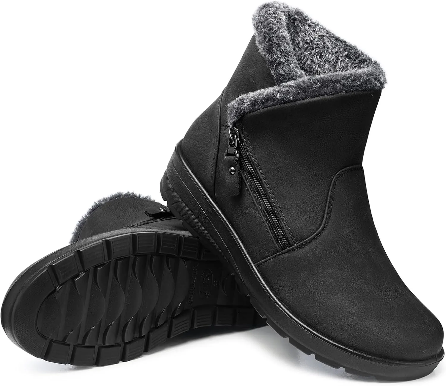 SWQZVT Winter Ankle Boots for Women: Non Slip Snow Boots for Women Black Leather Short Fur Lined Resistant Size 10 Booties