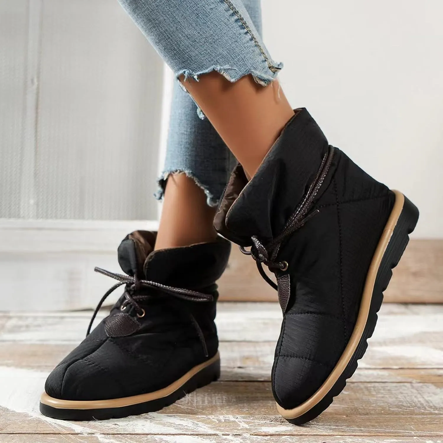Water Proof Insulated Boots for Women Flat Bottom Non Slip Snow Boots Lace Up Winter Boots Rain and Snow Boots