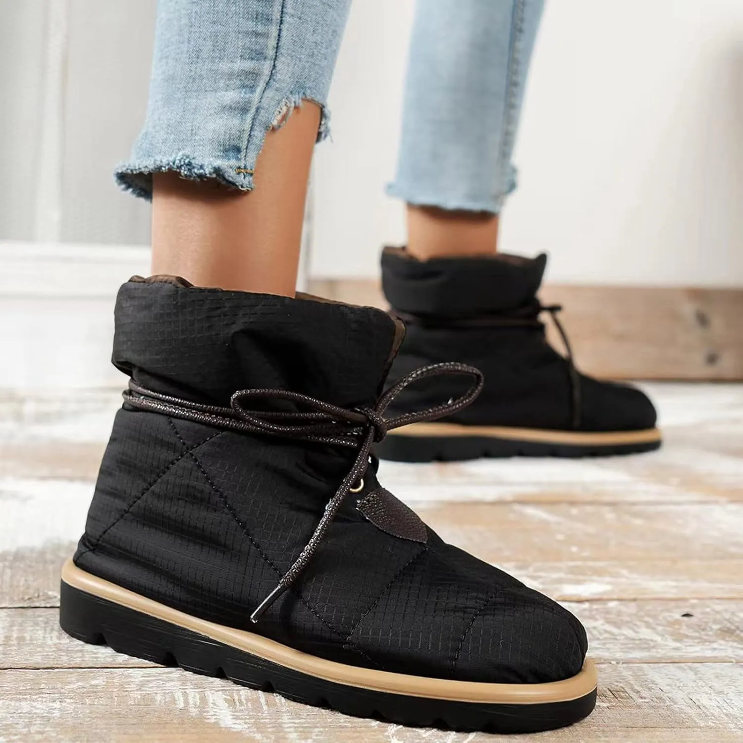 Water Proof Insulated Boots for Women Flat Bottom Non Slip Snow Boots Lace Up Winter Boots Rain and Snow Boots