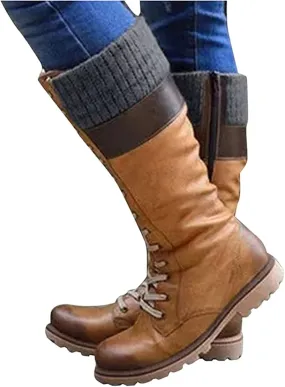 Winter Boots For Women Fashion 2022 Lace up Mid Calf Combat Riding Military Boots Side Zipper Low Heel Platform Shoes