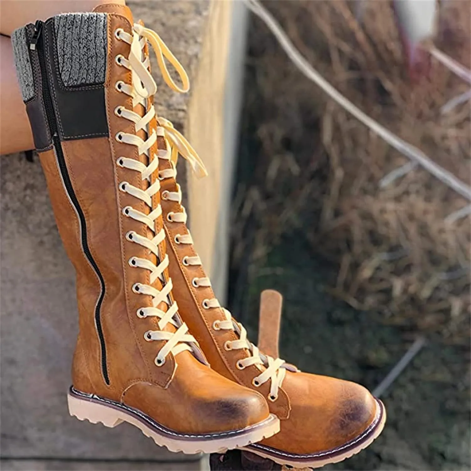 Winter Boots For Women Fashion 2022 Lace up Mid Calf Combat Riding Military Boots Side Zipper Low Heel Platform Shoes