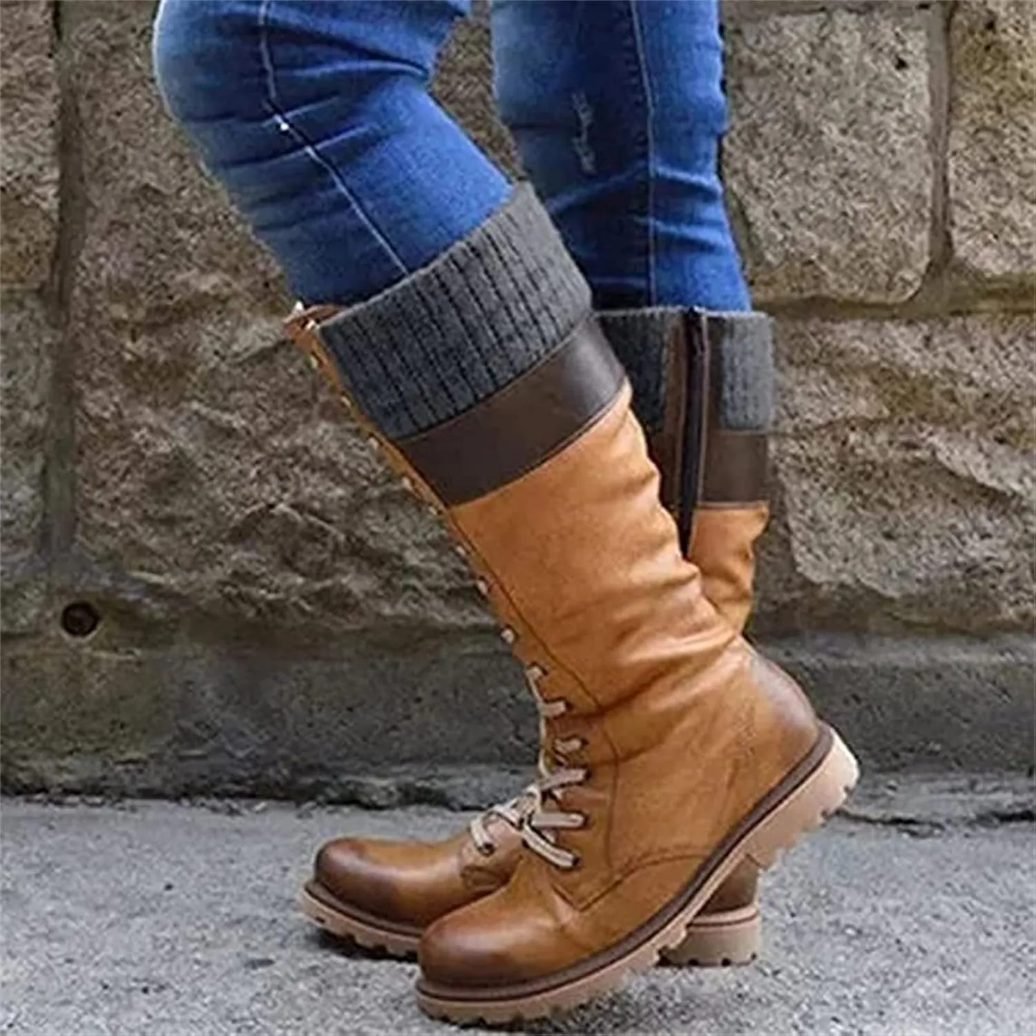 Winter Boots For Women Fashion 2022 Lace up Mid Calf Combat Riding Military Boots Side Zipper Low Heel Platform Shoes