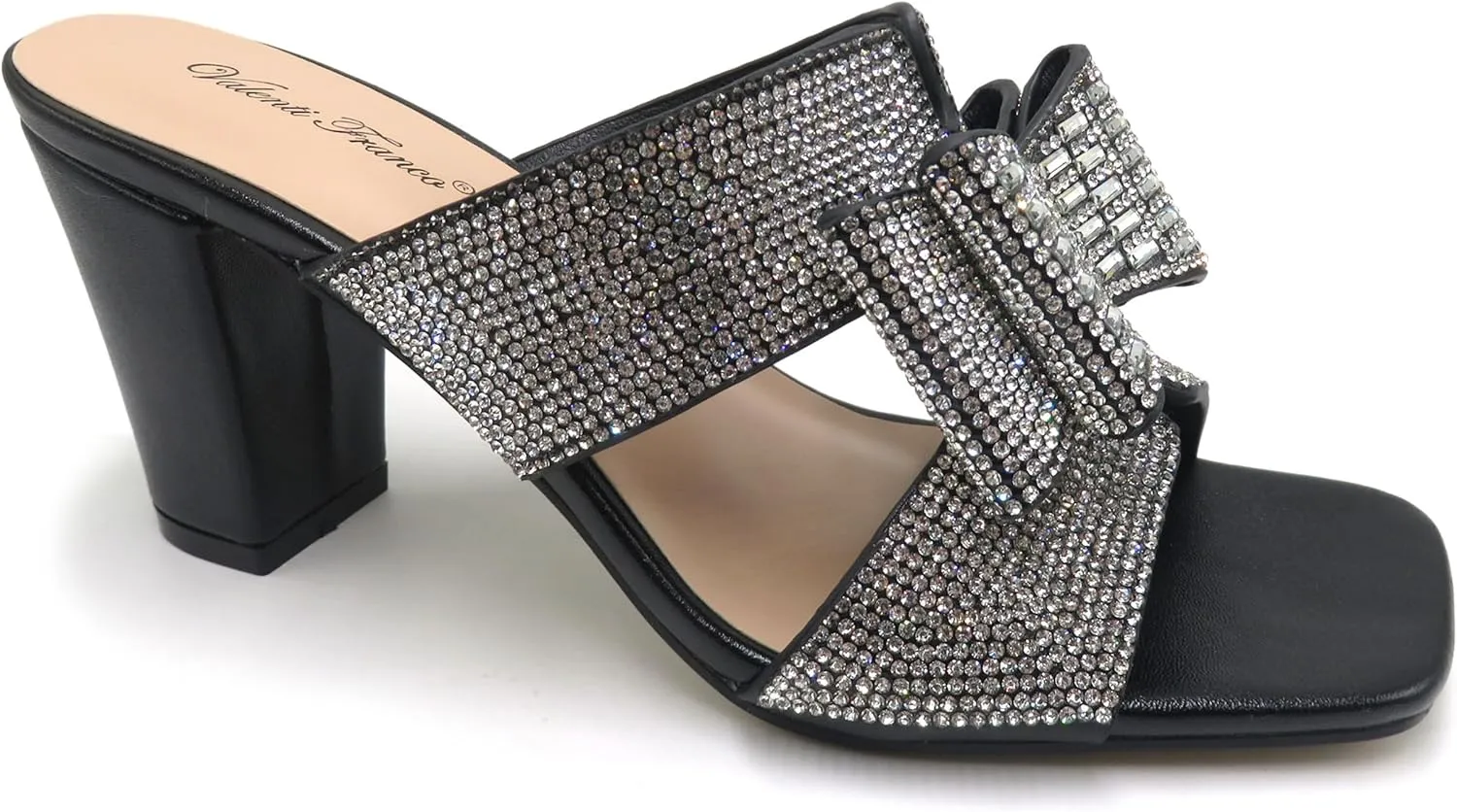 Women Rhinestone Heels Sandals Chunky Block Heels Slip on Sandals