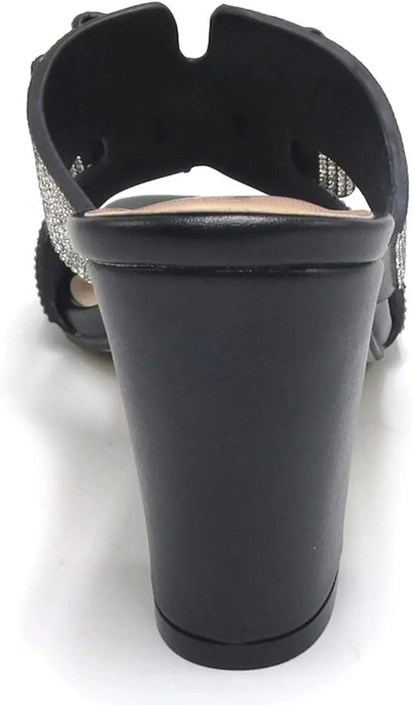 Women Rhinestone Heels Sandals Chunky Block Heels Slip on Sandals