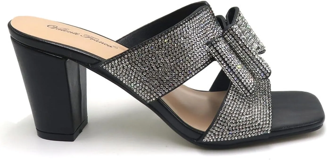 Women Rhinestone Heels Sandals Chunky Block Heels Slip on Sandals