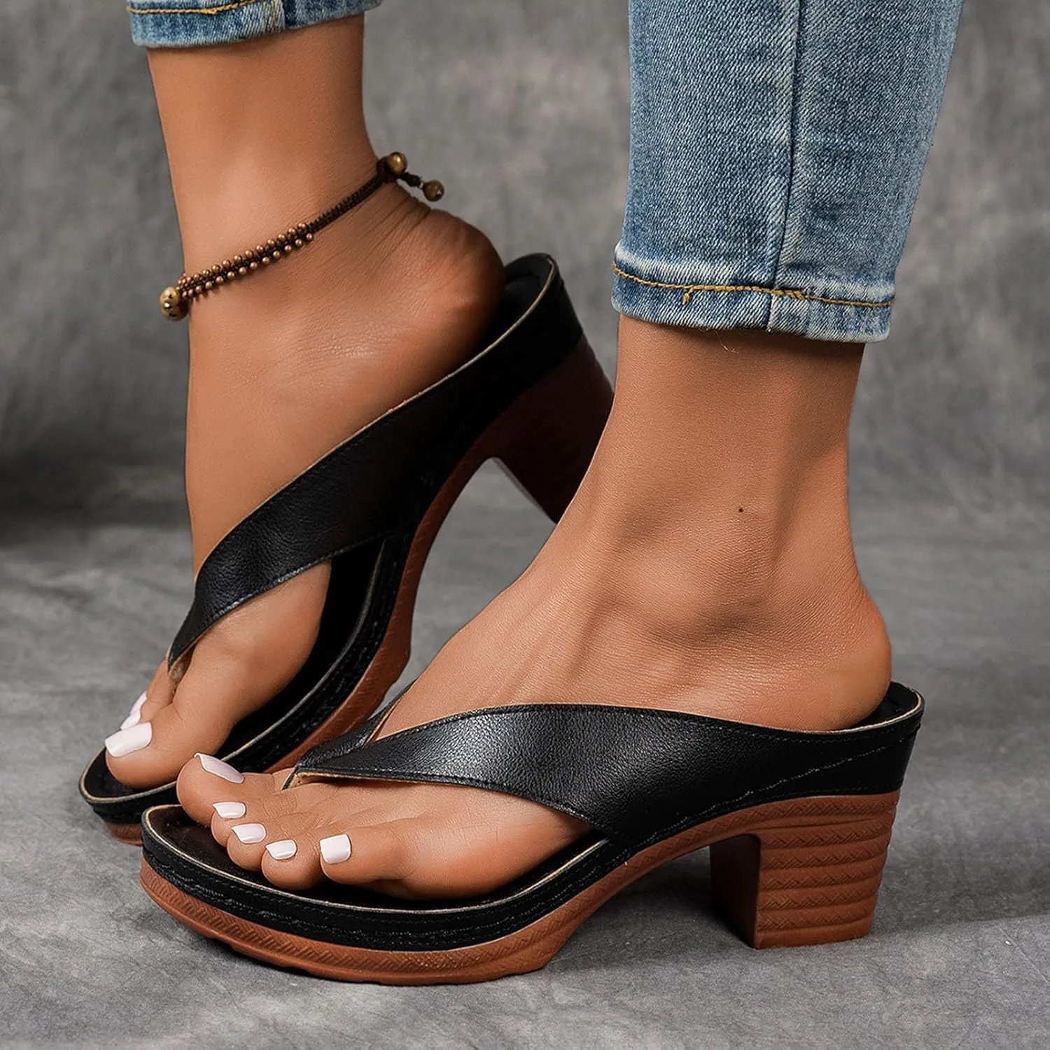 Women's Platform Chunky Heels Low Block Heeled Sandals Open Toe Slides Fashion Wedding Party Dress Sandals Casual Summer Mules Slip-on Shoes (b1-Black, 9.5)