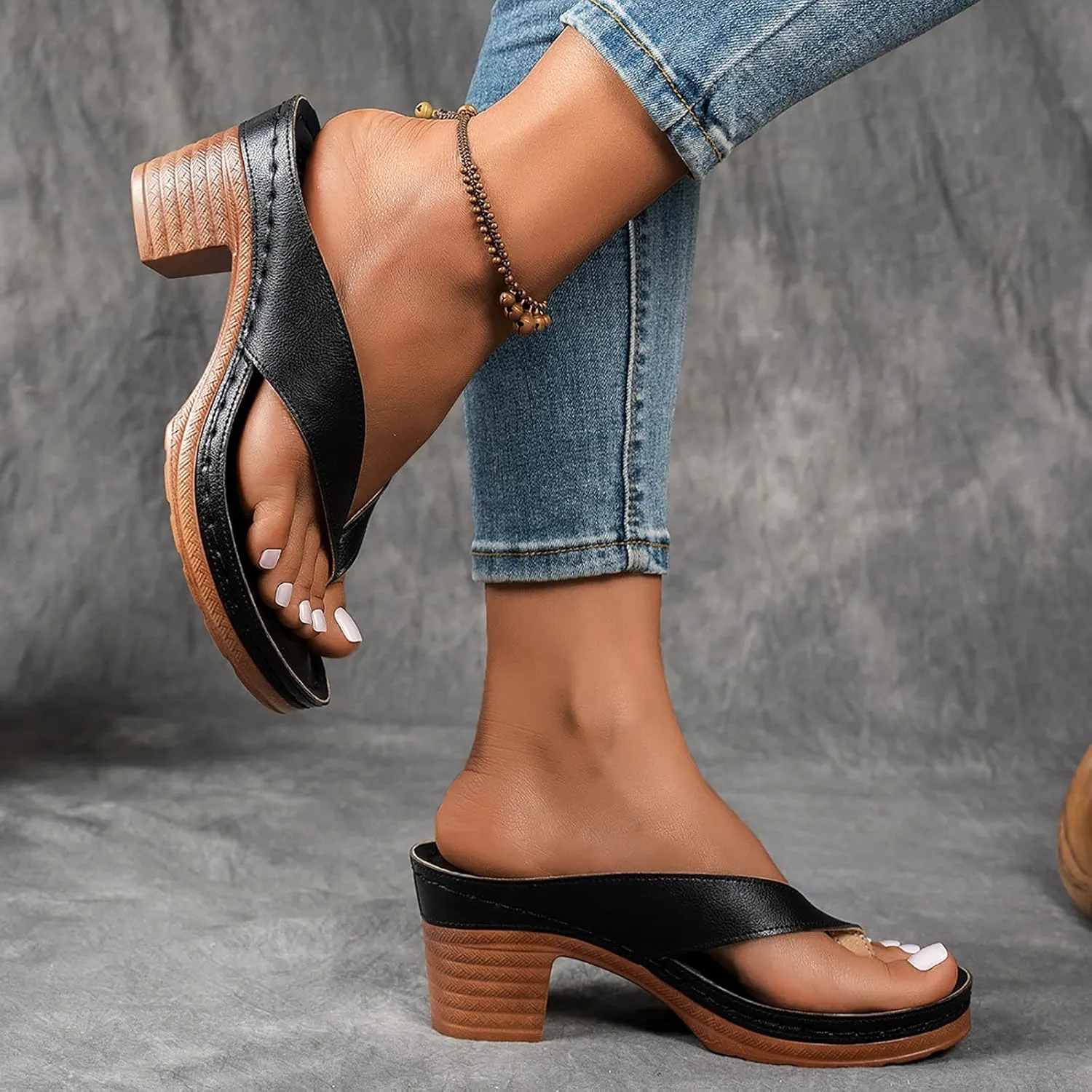 Women's Platform Chunky Heels Low Block Heeled Sandals Open Toe Slides Fashion Wedding Party Dress Sandals Casual Summer Mules Slip-on Shoes (b1-Black, 9.5)