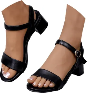 Women's Strappy Chunky Block Heels Sandals Solid Color Open Toe Single Bond Adjustable Ankle Strap Shoes Summer Fashion Casual Lightweight Breathable Comfortable Slip On Slides