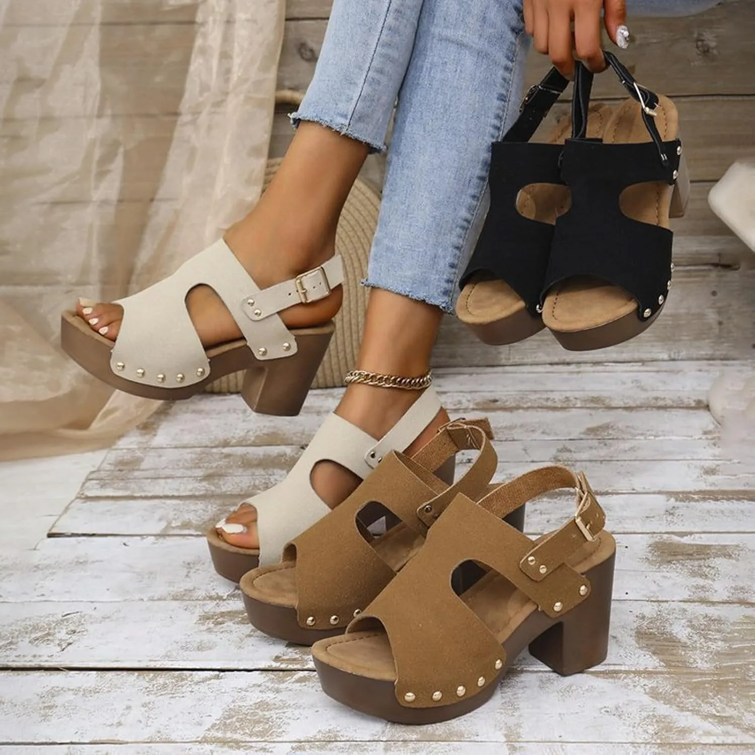 Women's Summer Chunky High Heel Sandals Fish Mouth Open Toe Solid Color Back Strap Fashion Casual Sandal Adjustable Ankle Strap Breathable Shoes