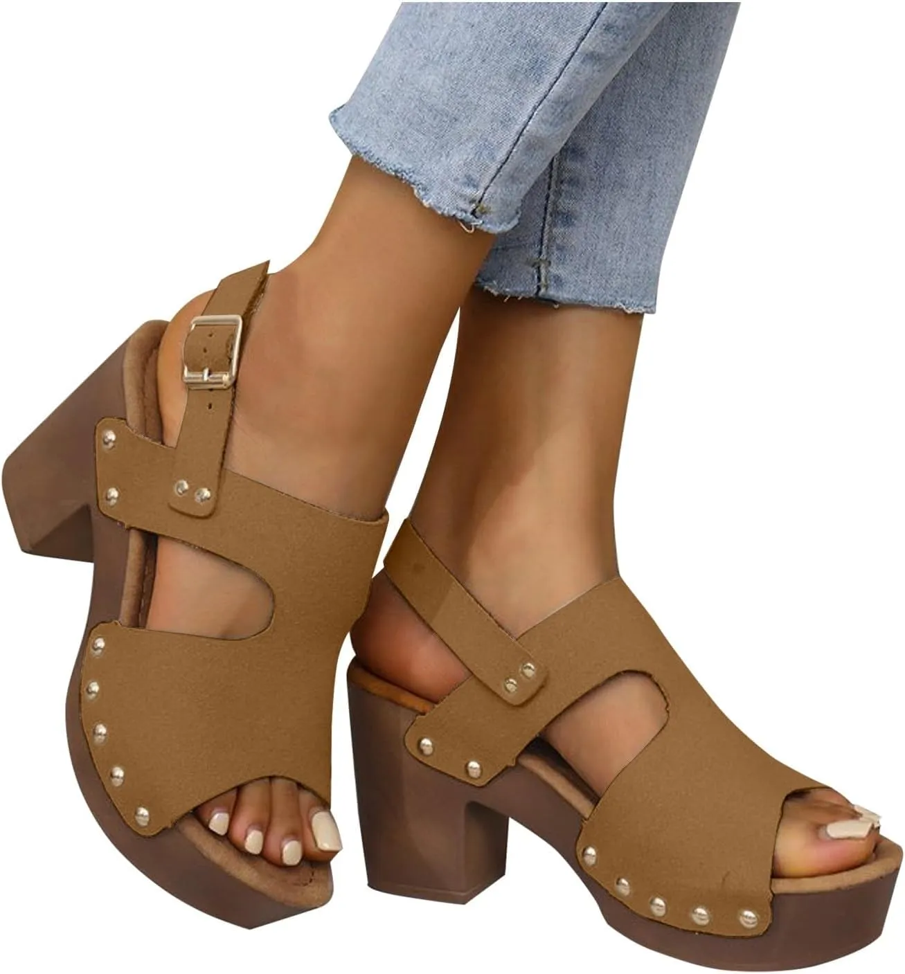 Women's Summer Chunky High Heel Sandals Fish Mouth Open Toe Solid Color Back Strap Fashion Casual Sandal Adjustable Ankle Strap Breathable Shoes
