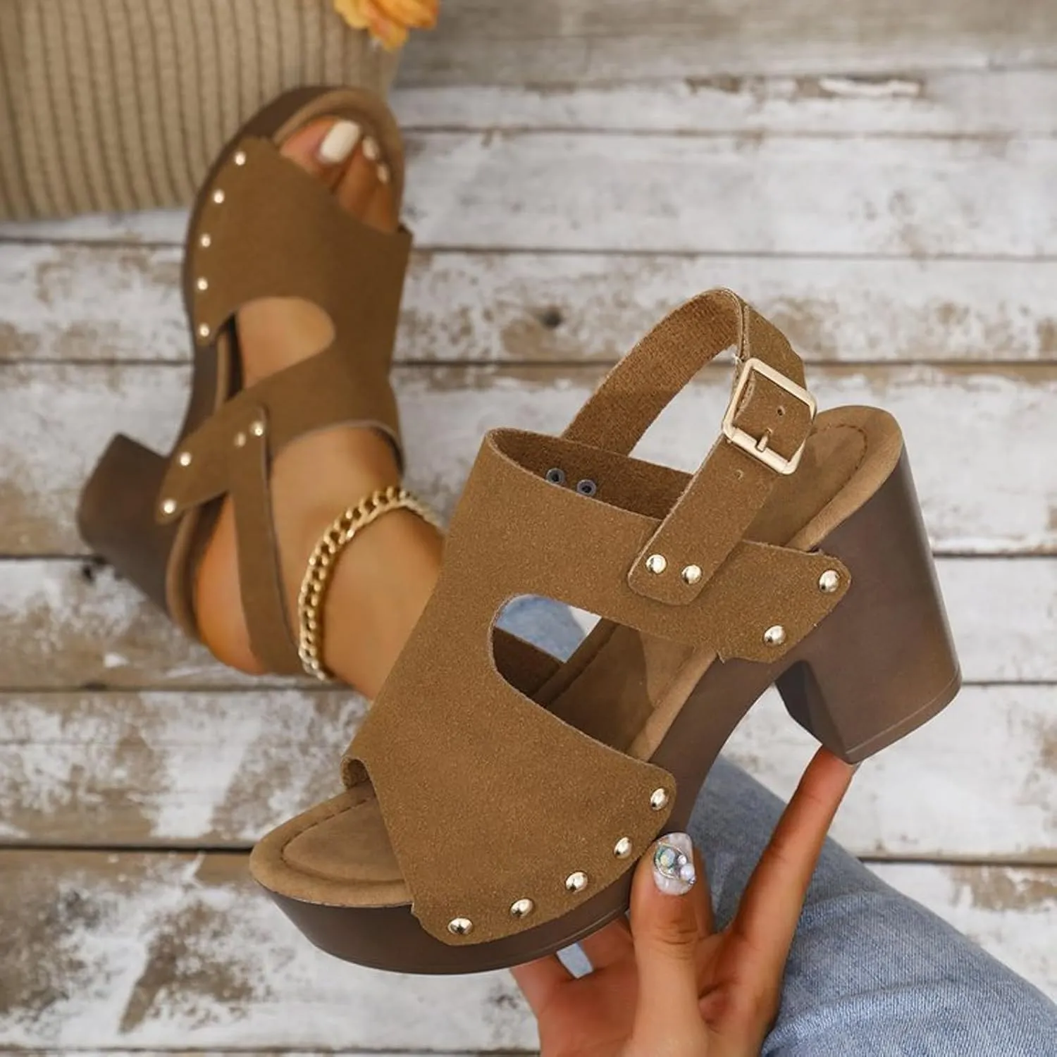 Women's Summer Chunky High Heel Sandals Fish Mouth Open Toe Solid Color Back Strap Fashion Casual Sandal Adjustable Ankle Strap Breathable Shoes