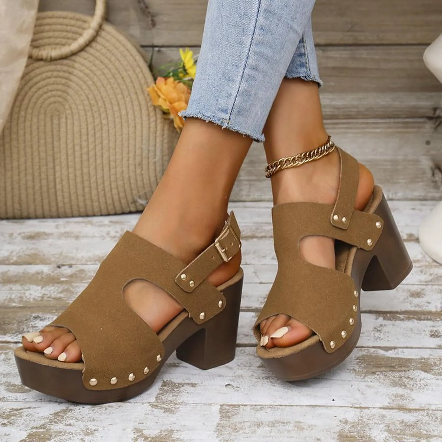 Women's Summer Chunky High Heel Sandals Fish Mouth Open Toe Solid Color Back Strap Fashion Casual Sandal Adjustable Ankle Strap Breathable Shoes