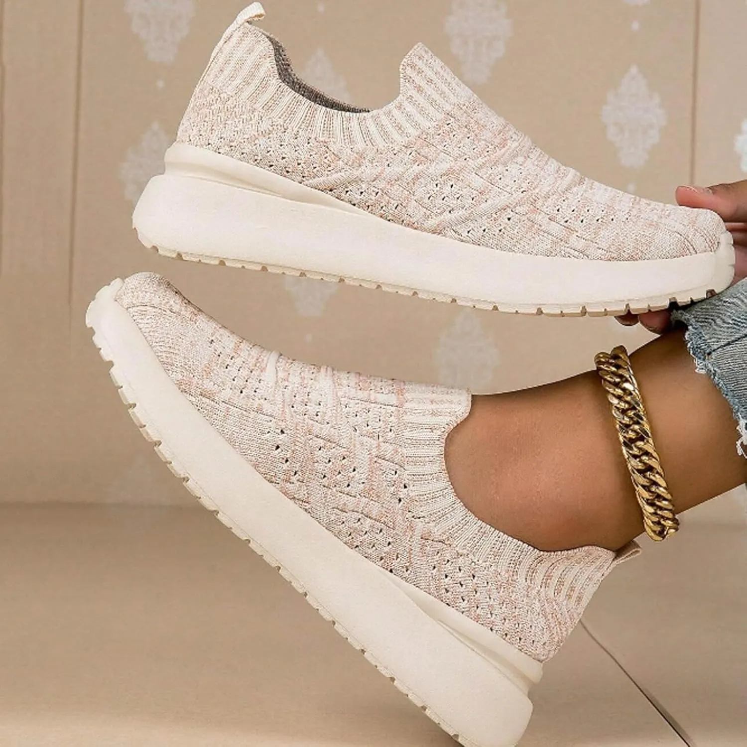 Women's Walking Shoes Elastic Fly Woven Mesh Shoes Casual Slip On Shoes Comfort Lightweight Breathable Shoes