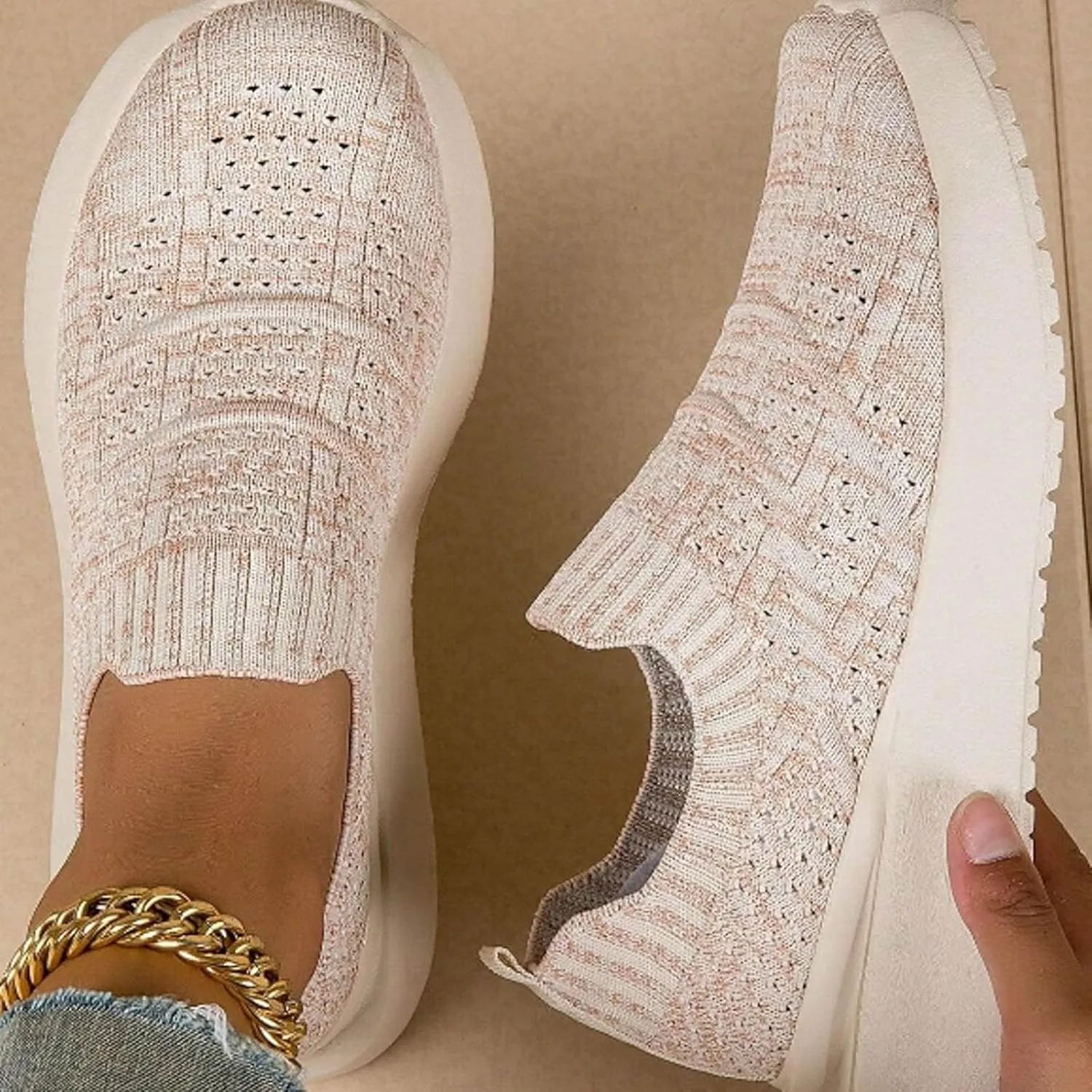 Women's Walking Shoes Elastic Fly Woven Mesh Shoes Casual Slip On Shoes Comfort Lightweight Breathable Shoes
