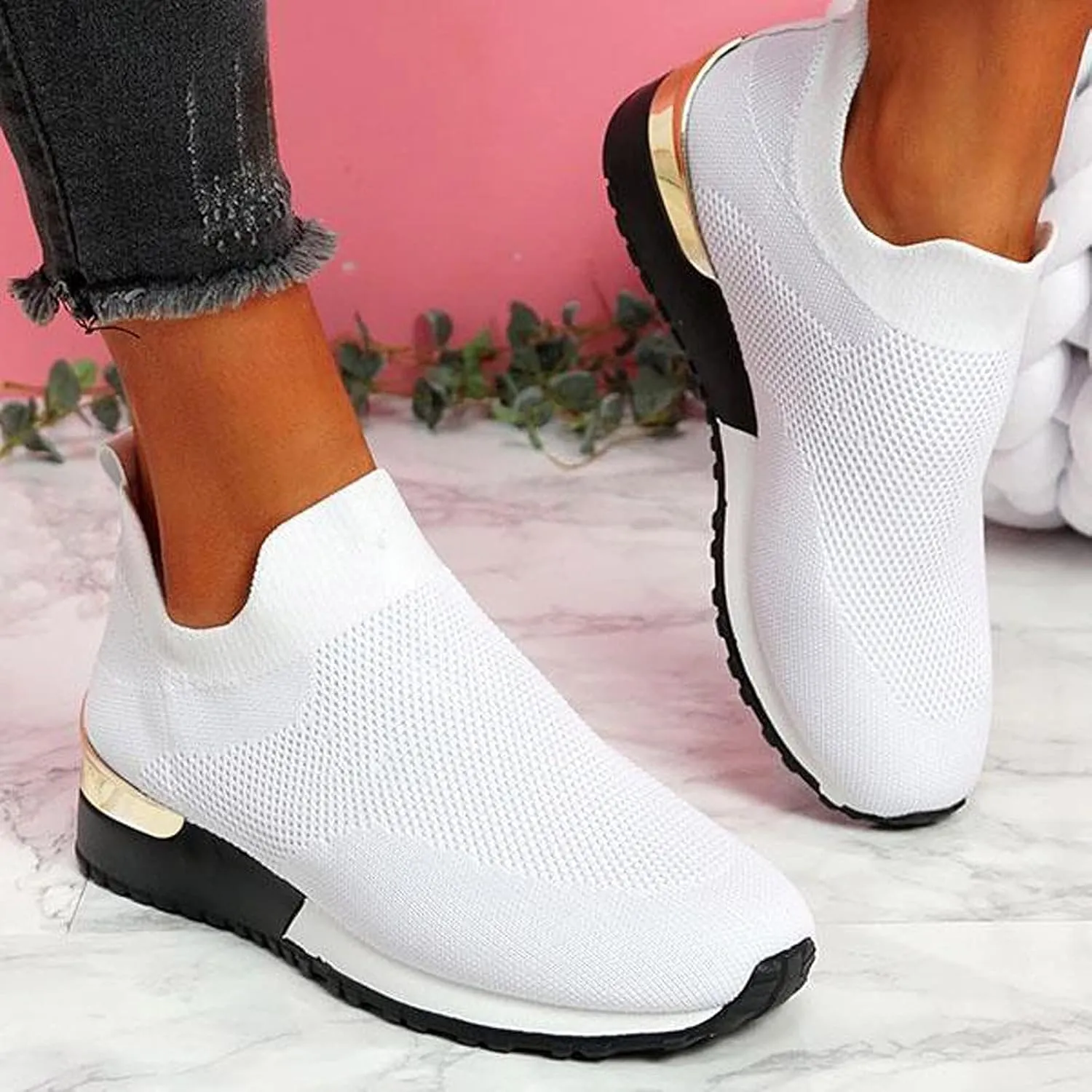 ZSpzx Womens Walking Shoes Sock Tennis Air Cushioned Mesh Flat Breathable Running Sneakers Ladies Fashion Casual Boat Shoes Comfy Slip On Arch Support Lightweight Slip On Shoe for Outdoor Indoor