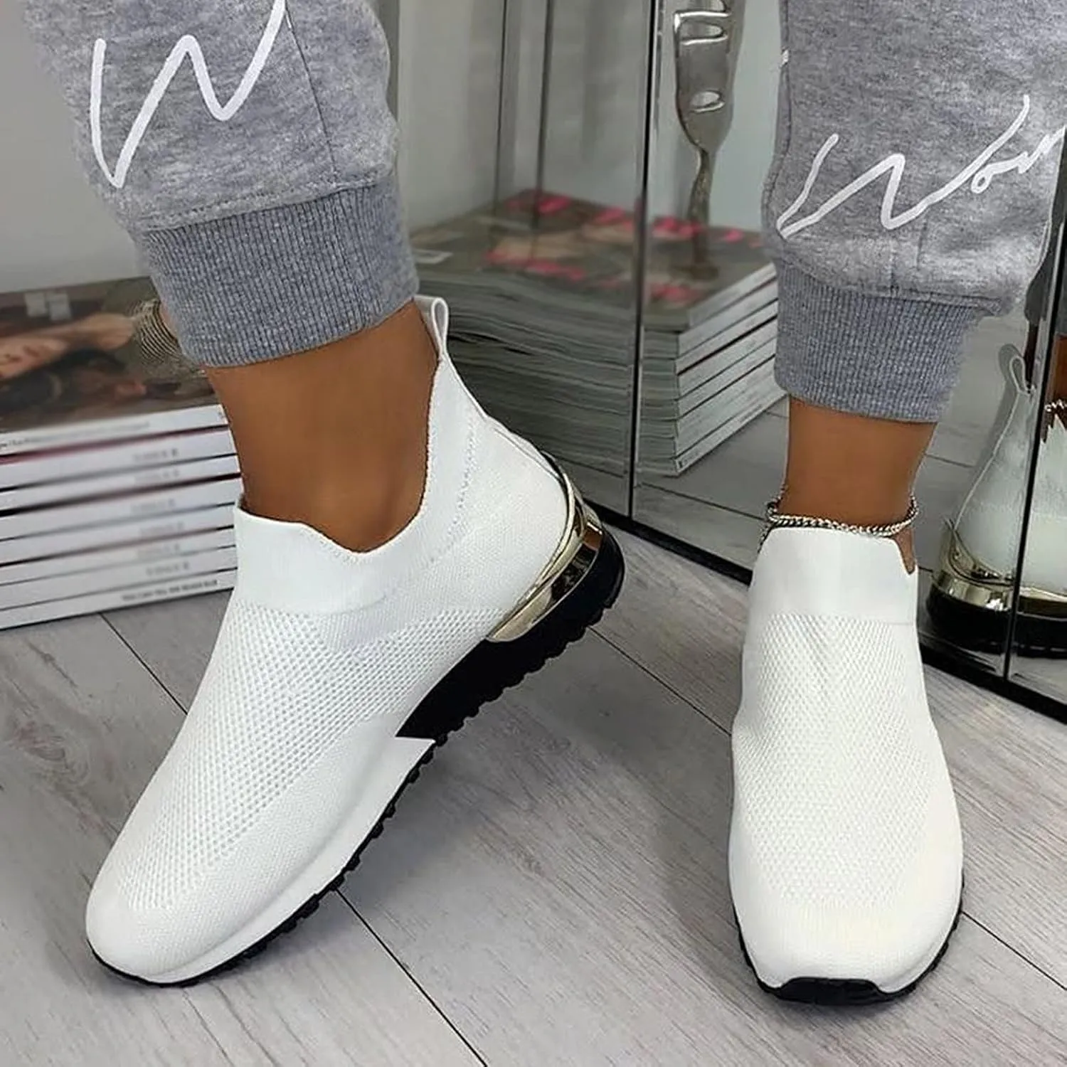 ZSpzx Womens Walking Shoes Sock Tennis Air Cushioned Mesh Flat Breathable Running Sneakers Ladies Fashion Casual Boat Shoes Comfy Slip On Arch Support Lightweight Slip On Shoe for Outdoor Indoor